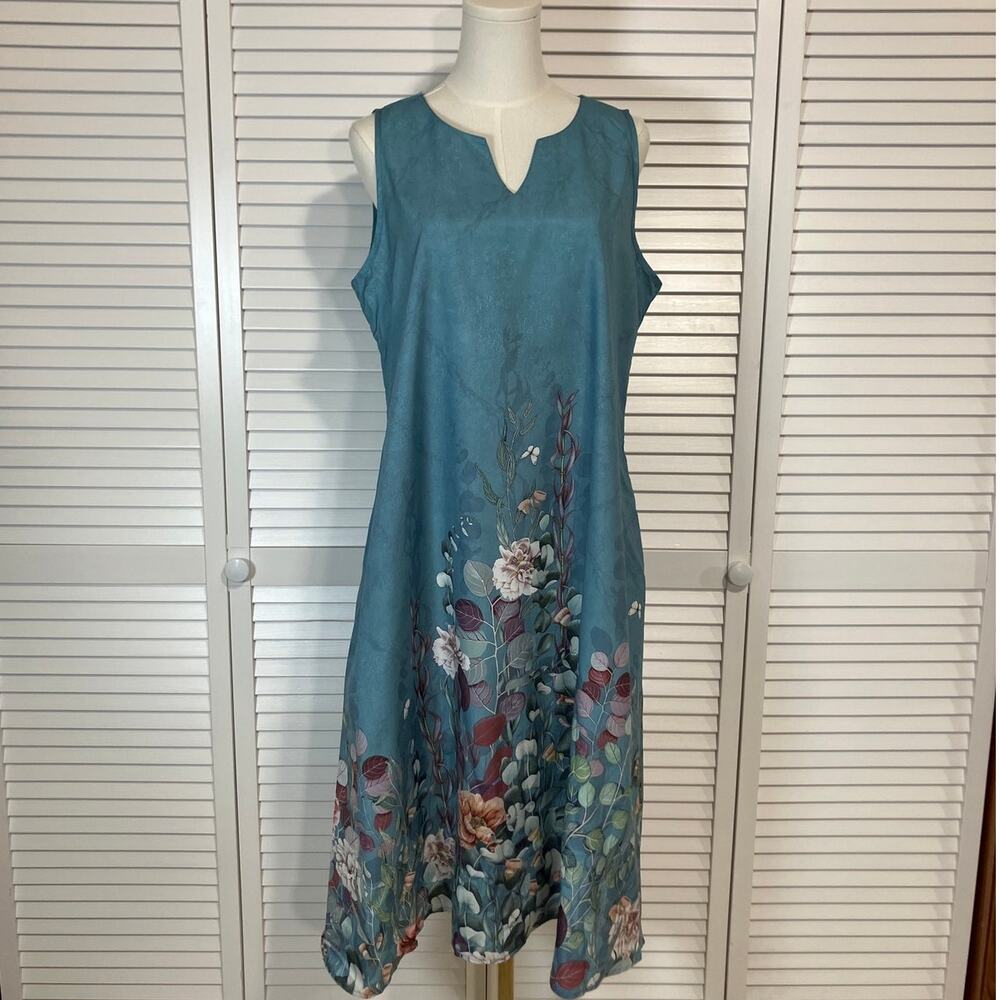 Teal Blue Floral Boho Cottage Summer Tank Relaxed Midi Dress XL